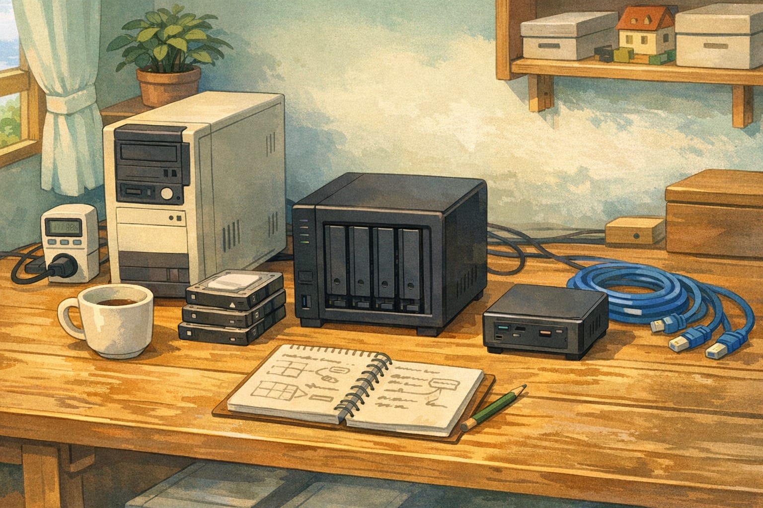 ภาพประกอบ: โต๊ะทำงานที่เปรียบเทียบตัวเลือก hardware สำหรับ homelab เช่น PC เก่า NAS และ mini PC