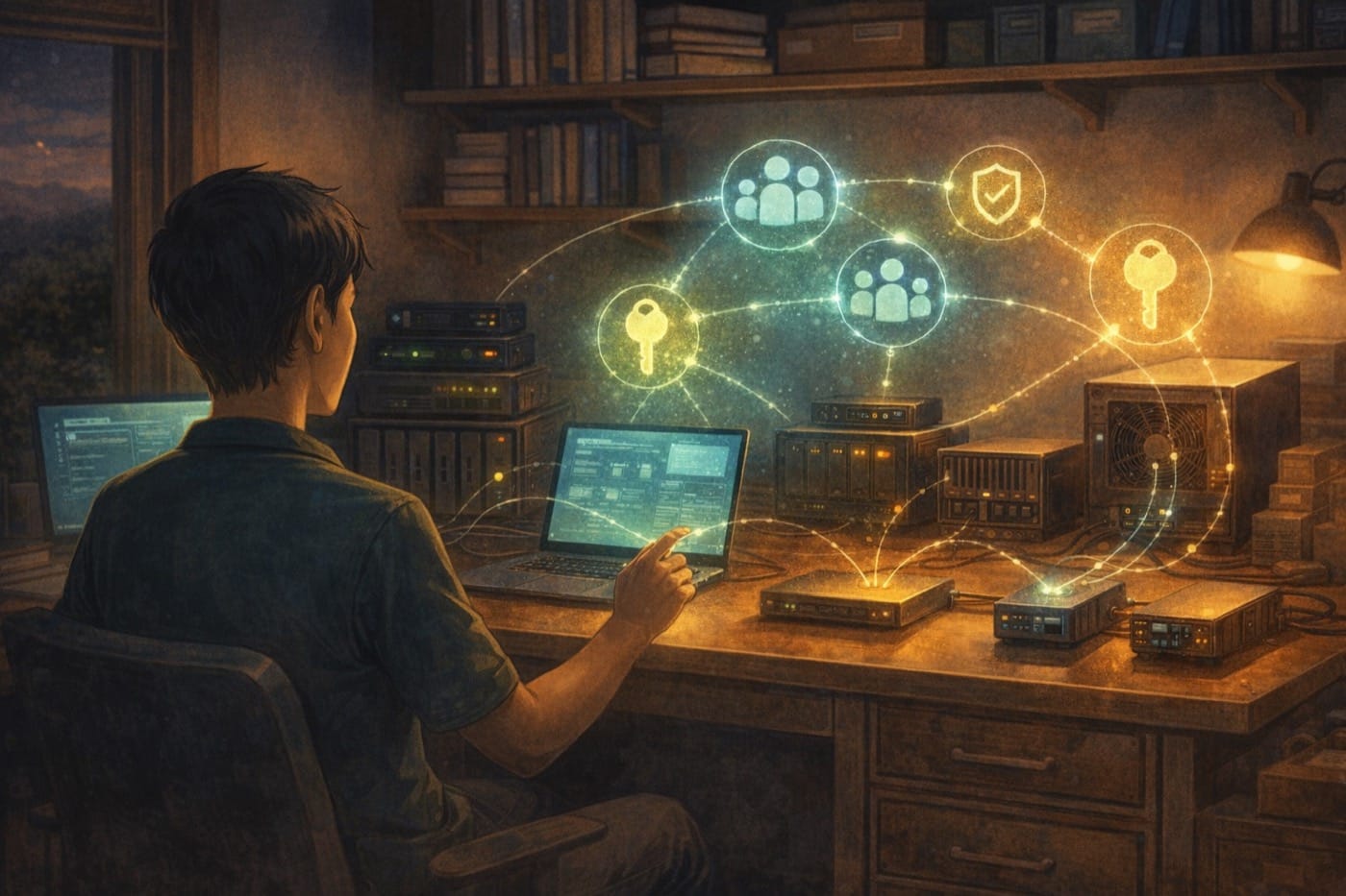 ภาพประกอบ: dashboard แนวคิดของ groups, access policies และ setup keys สำหรับจัดสิทธิ์ใน homelab