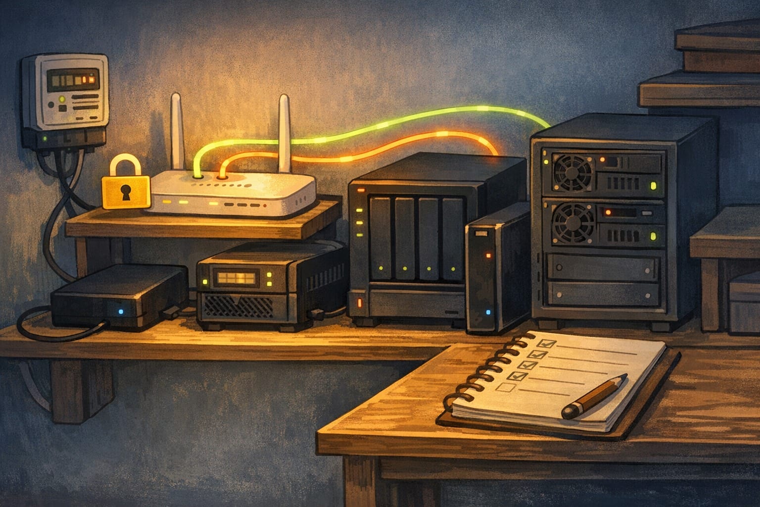 ภาพประกอบ: มุมเครือข่ายภายในบ้านที่มี UPS router NAS server และสัญลักษณ์ด้าน security backup และค่าไฟ