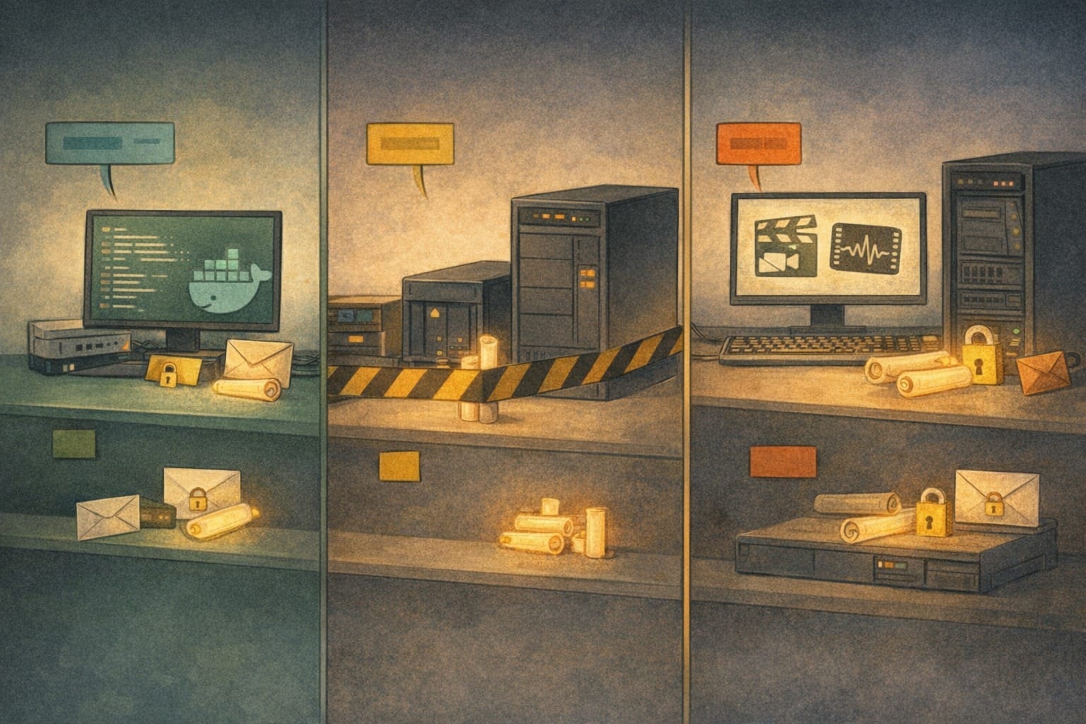 ภาพประกอบ: แยก runner ตามประเภทงาน เช่น Docker runner, host maintenance runner และ heavy compute runner พร้อม secrets และ logs