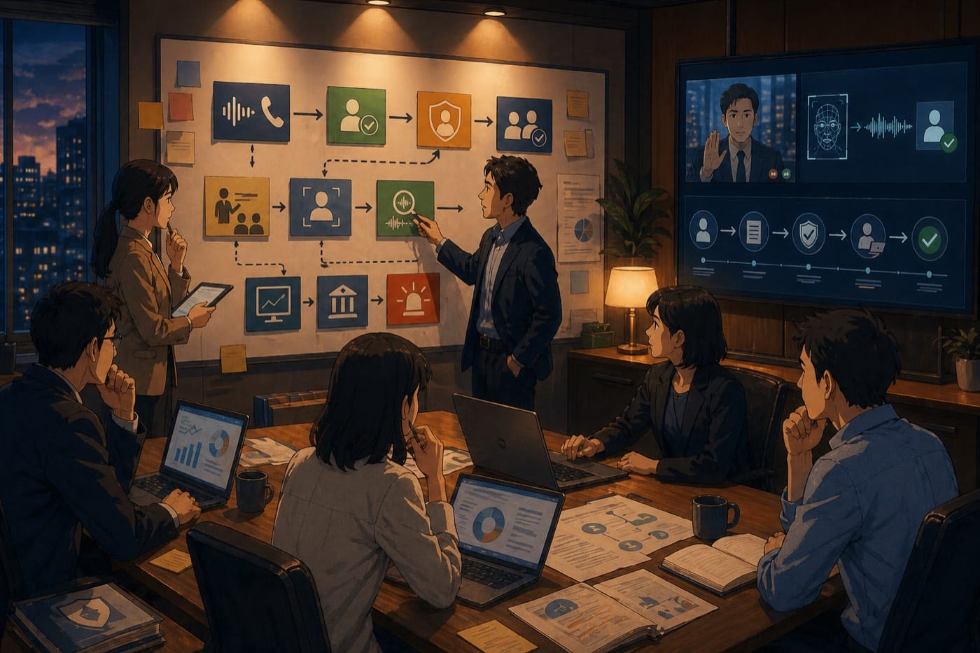 ภาพประกอบ: ทีมข้ามสายงานจาก security, HR, finance และ IT กำลังวางแผนป้องกัน deepfake แบบมีทั้ง callback verification, approvals, monitoring และ incident response