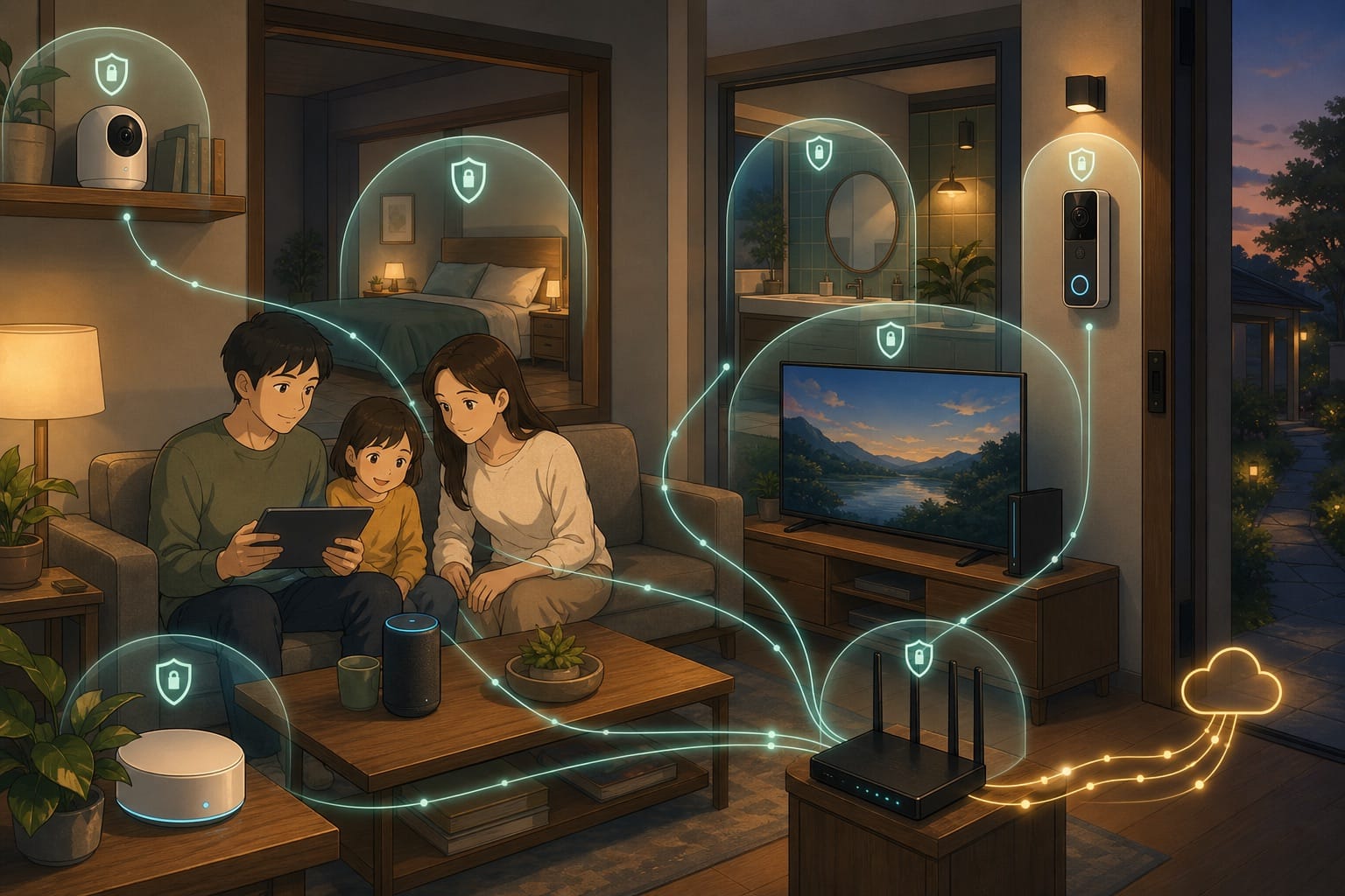 ภาพปก: บ้านอัจฉริยะที่มีกล้อง ไมค์ router และเส้นขอบเขตความเป็นส่วนตัวรอบพื้นที่สำคัญในบ้าน