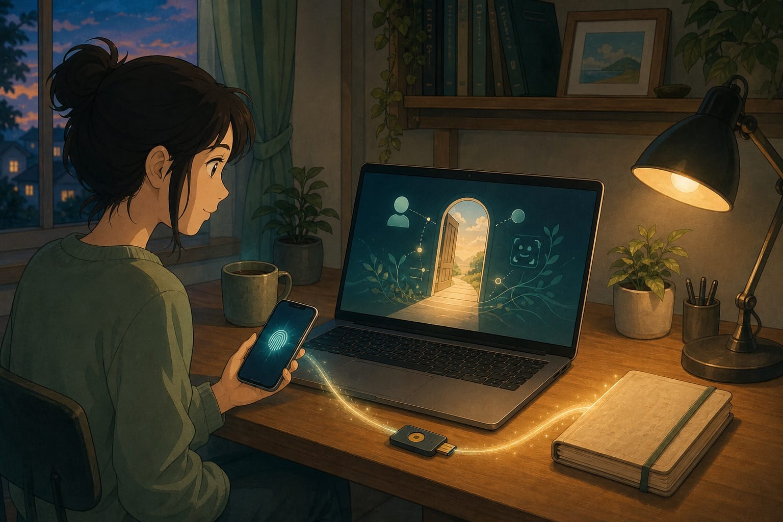 ภาพปก: โต๊ะทำงานที่มีอุปกรณ์ passkey และสมุด password เก่าเพื่อสื่อถึงการเปลี่ยนผ่านจาก password