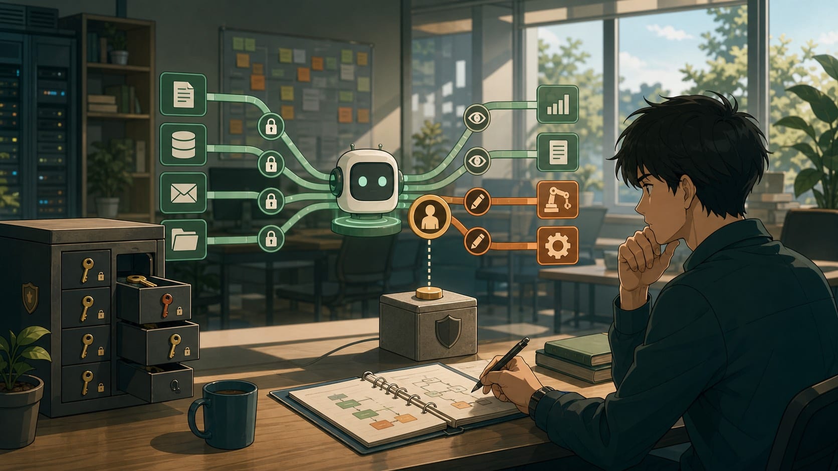 ภาพประกอบ: วิศวกร security ตรวจขอบเขตสิทธิ์ของ AI agent ก่อนเปิดให้เชื่อมต่อเครื่องมือใน workflow