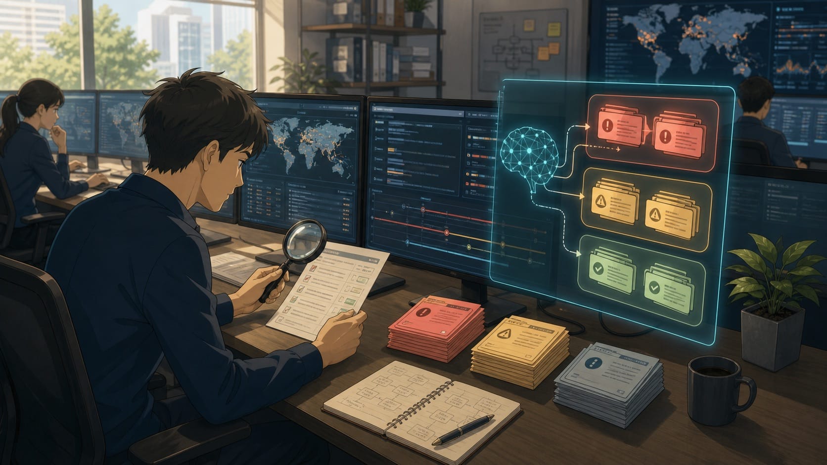 ภาพประกอบ: analyst ใช้ AI ช่วยจัดกลุ่ม alert และตรวจหลักฐานก่อนตัดสินใจ