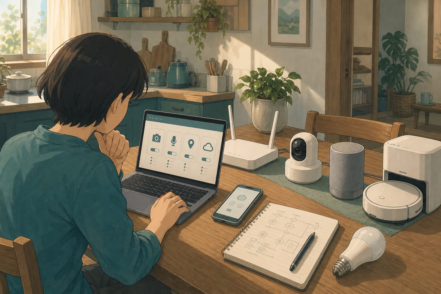 ภาพประกอบ: โต๊ะบ้านที่มี router กล้อง smart speaker robot vacuum และสมุด checklist สำหรับตรวจ privacy setting