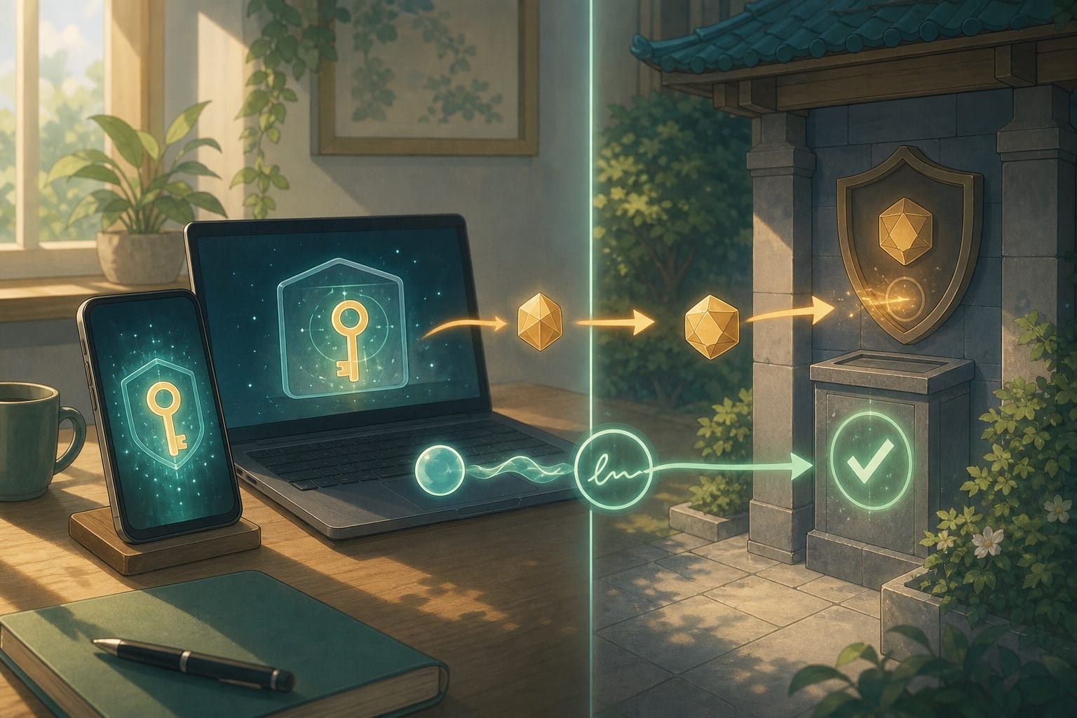 ภาพประกอบ: การทำงานของ passkey ด้วย private key บนอุปกรณ์และ public key ที่บริการใช้ตรวจสอบ