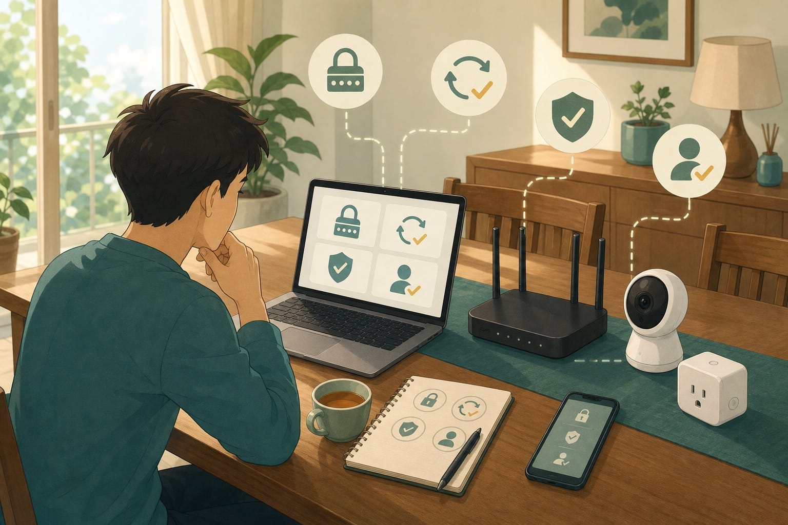ภาพประกอบ: โต๊ะทำงานที่มี router laptop phone smart camera และ smart plug สำหรับตรวจ checklist ความปลอดภัยพื้นฐาน