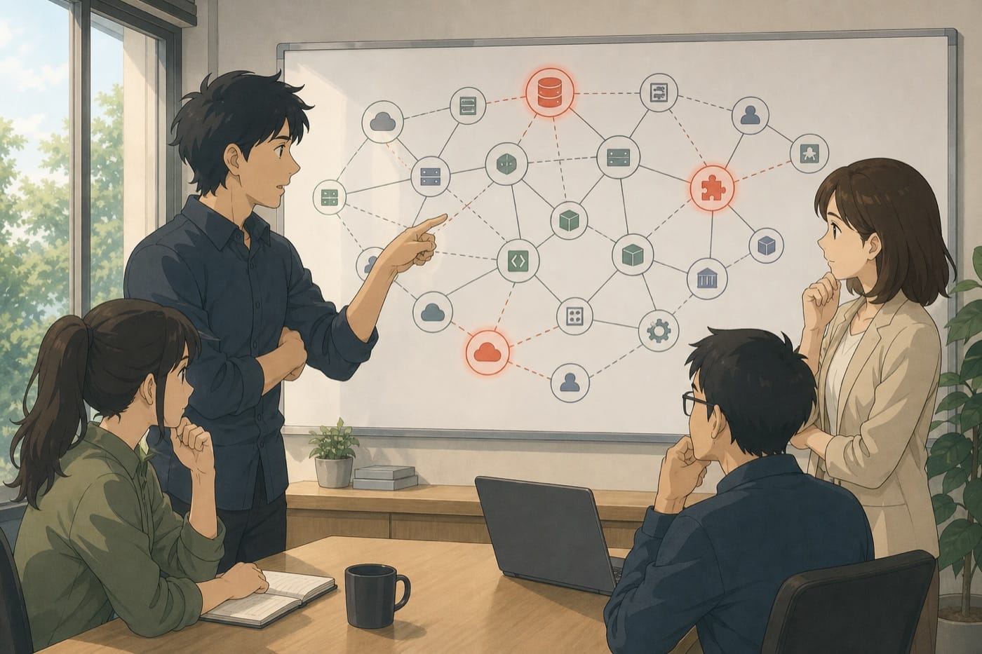 ภาพประกอบ: ทีม security และ business owner กำลังดู dependency map ที่เชื่อม vendor, software service และระบบภายใน