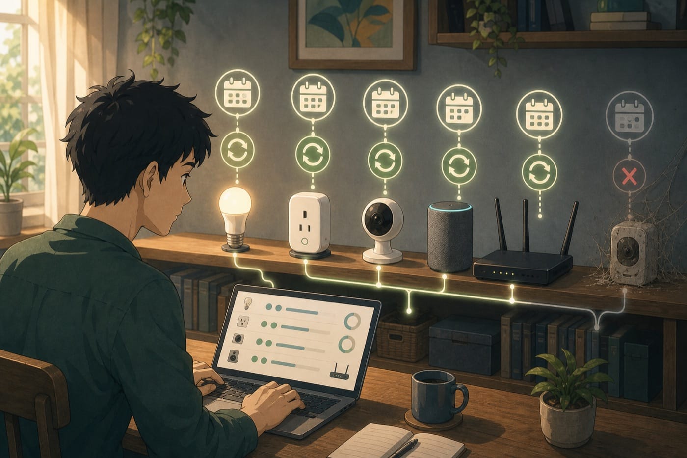 ภาพประกอบ: ชั้นวางอุปกรณ์ IoT ที่มีสัญลักษณ์ update และ lifecycle support โดยมีอุปกรณ์ราคาถูกบางชิ้นถูกทิ้งไว้ในมุมฝุ่น