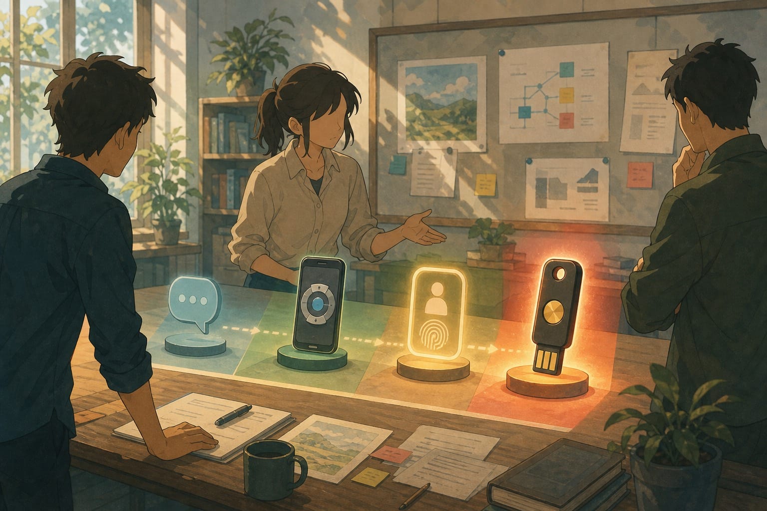 ภาพประกอบ: โต๊ะวางเครื่องมือ MFA หลายแบบ ตั้งแต่ SMS, authenticator app, passkey ไปจนถึง security key