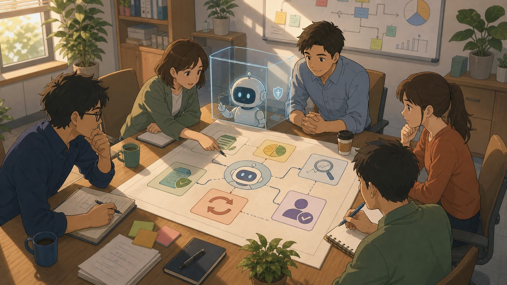 ภาพประกอบ: ทีมข้ามสายงานกำลังตรวจ checklist ก่อนเปิดใช้ AI agent ในงาน security พร้อม logging monitoring และ approval gate