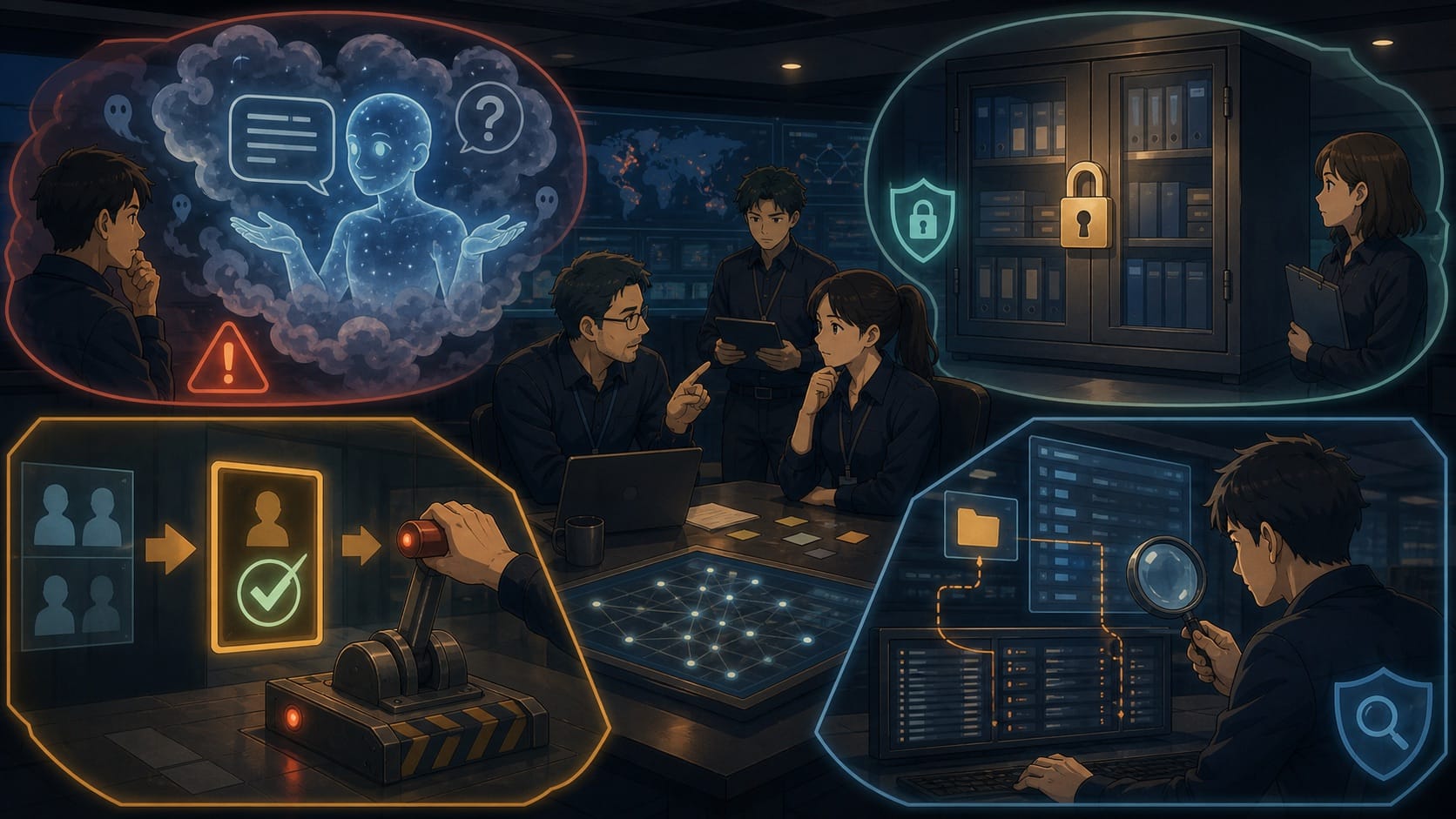 ภาพประกอบ: ขอบเขตความเสี่ยงของ LLM ใน SOC เช่น hallucination data leakage prompt injection และ approval gate