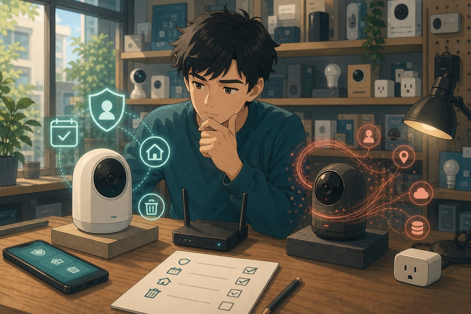 ภาพประกอบ: คนกำลังเปรียบเทียบอุปกรณ์ Smart Home สองแบบโดยดู privacy support, update และการลบข้อมูล