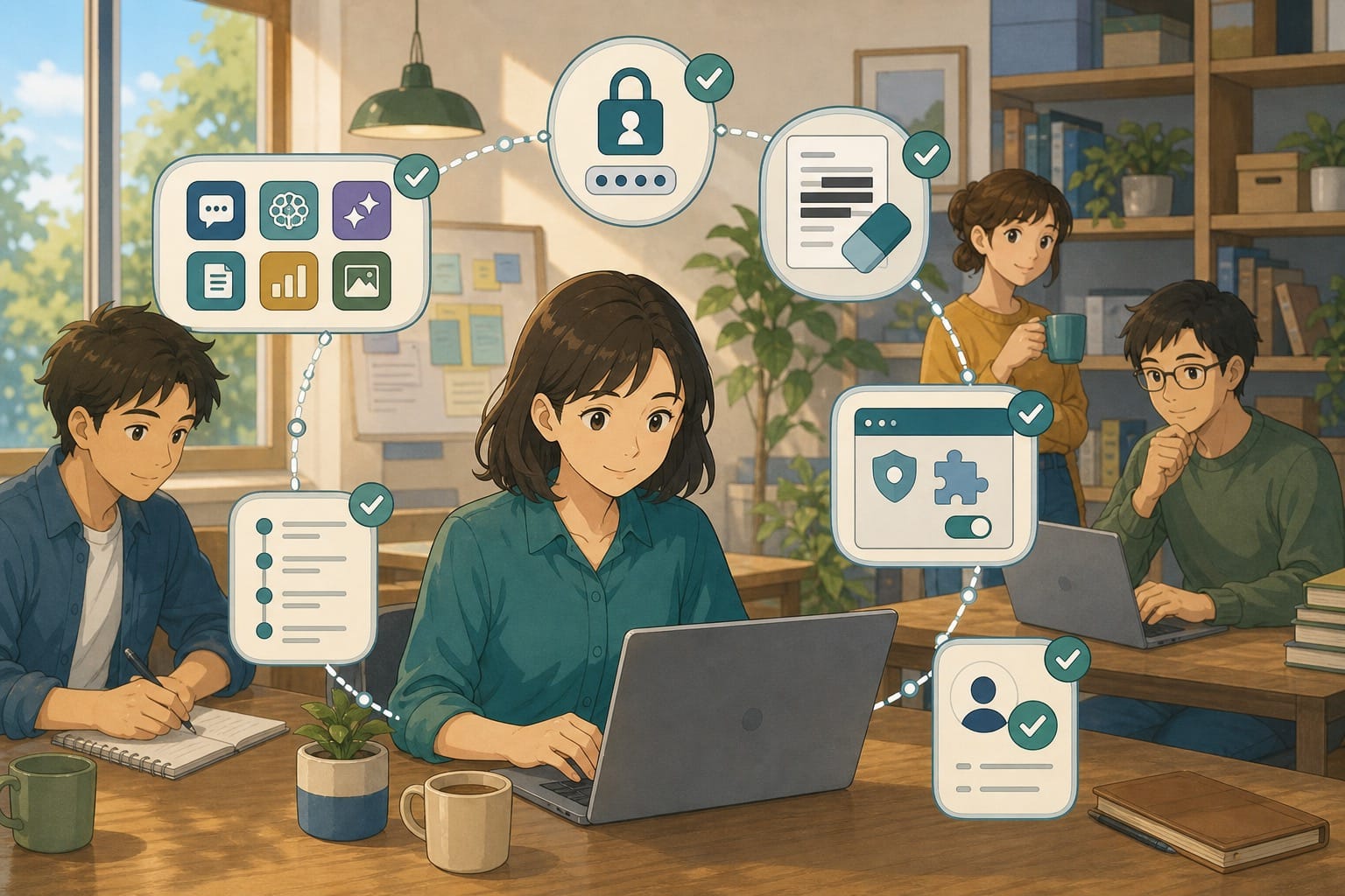ภาพประกอบ: workflow ทีมเล็กที่มี approved AI catalogue, SSO, redaction, permission review, audit trail และ human approval เป็น guardrail เบื้องหลัง