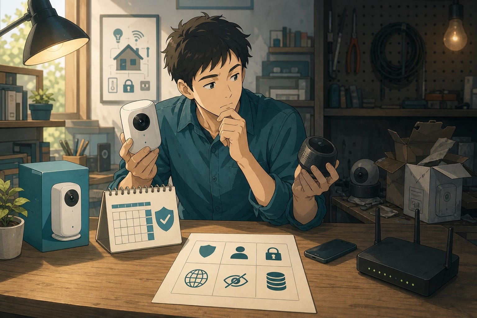 ภาพประกอบ: โต๊ะเปรียบเทียบอุปกรณ์ Smart Home สองแบบ โดยเน้น support update privacy และความเสี่ยงของของราคาถูกที่ไม่ชัดเจน