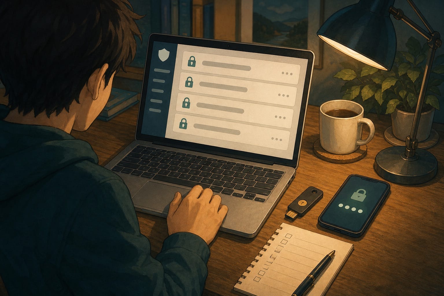 ภาพประกอบ: การทบทวนบัญชีสำคัญ password manager และ multi-factor authentication บนโต๊ะทำงาน