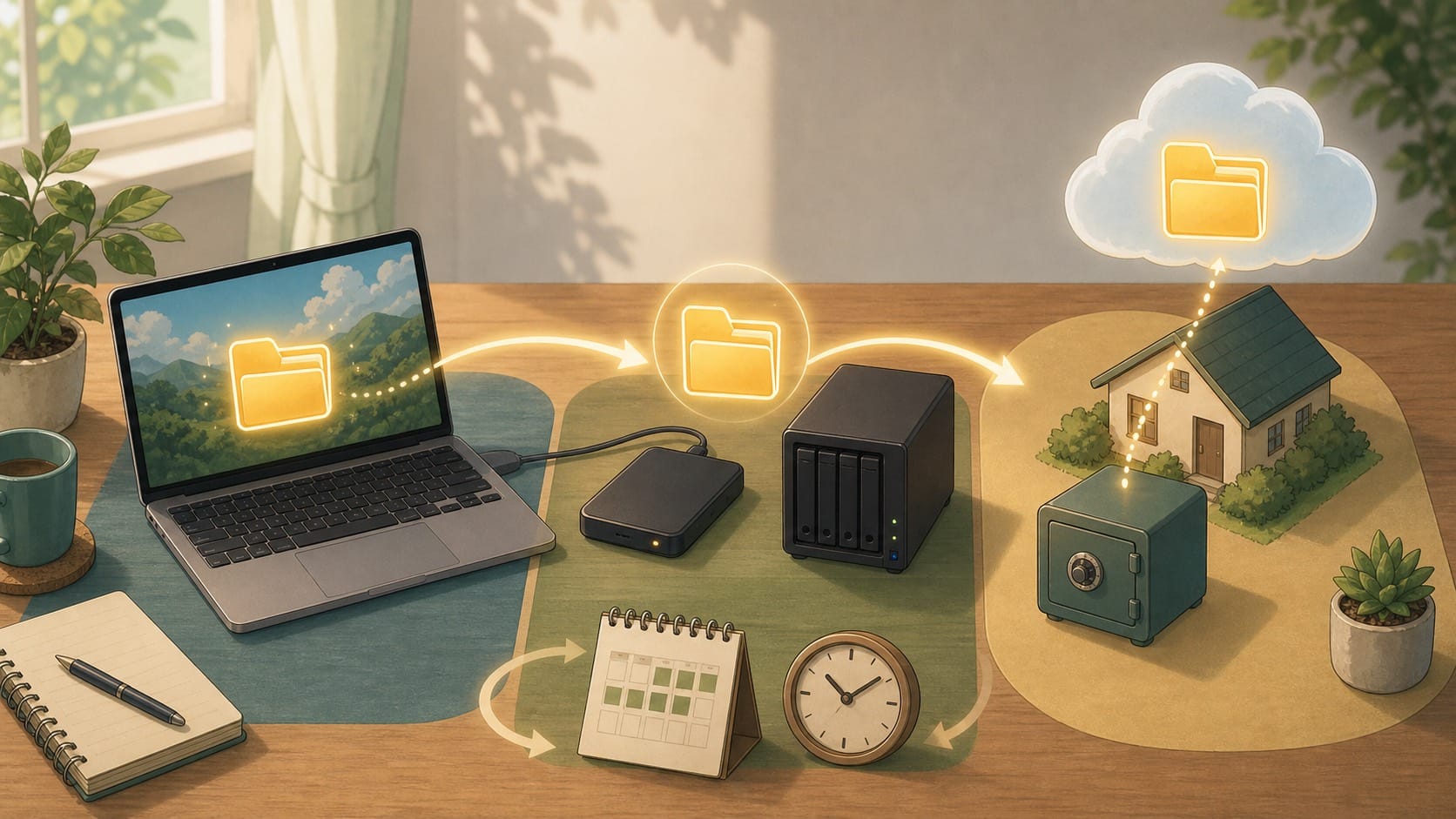 ภาพประกอบ: การแยกข้อมูล 3 ชุดระหว่าง laptop, local storage และ off-site backup