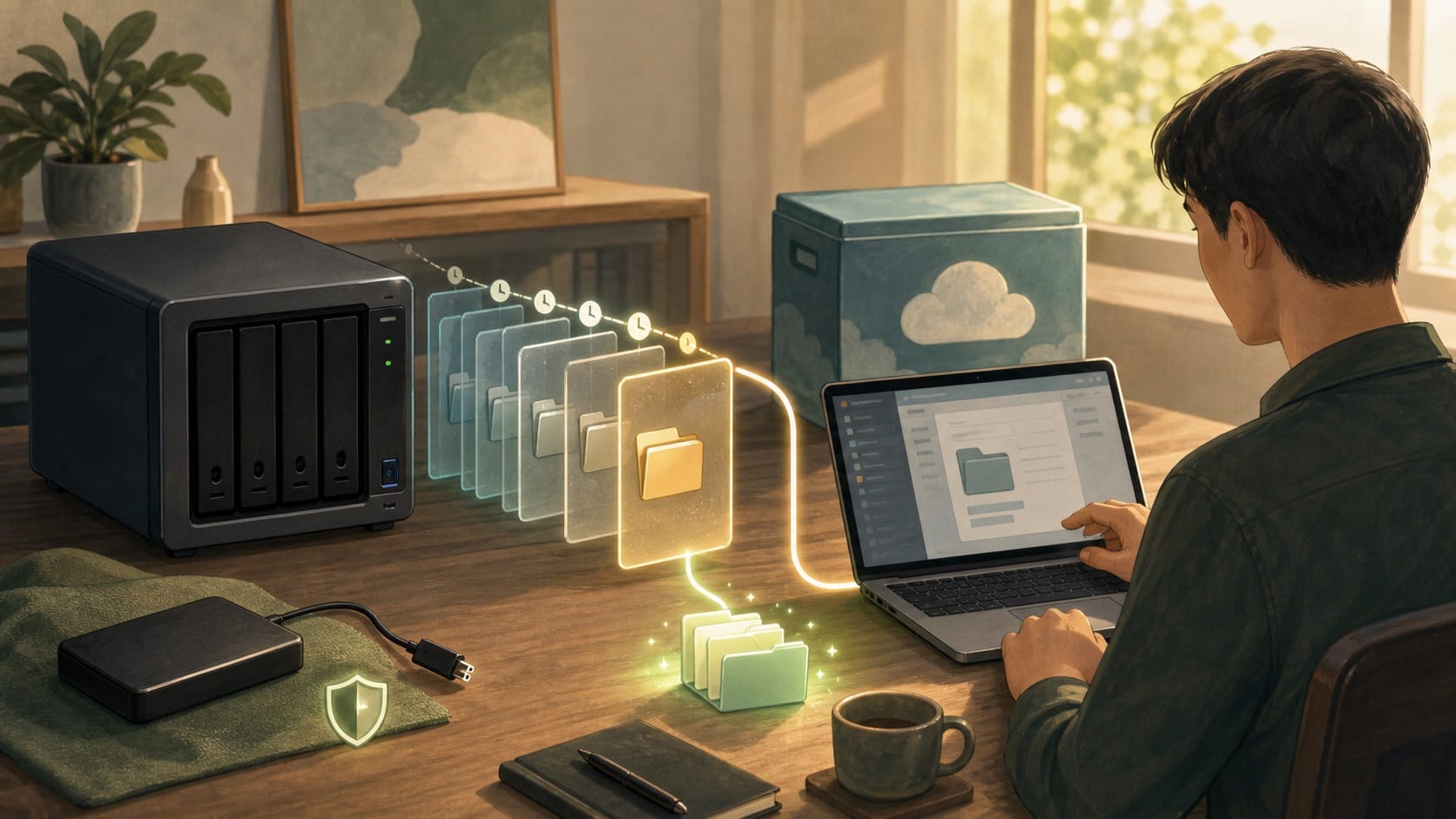 ภาพประกอบ: NAS ที่มี snapshot, external backup, cloud backup และการทดสอบ restore