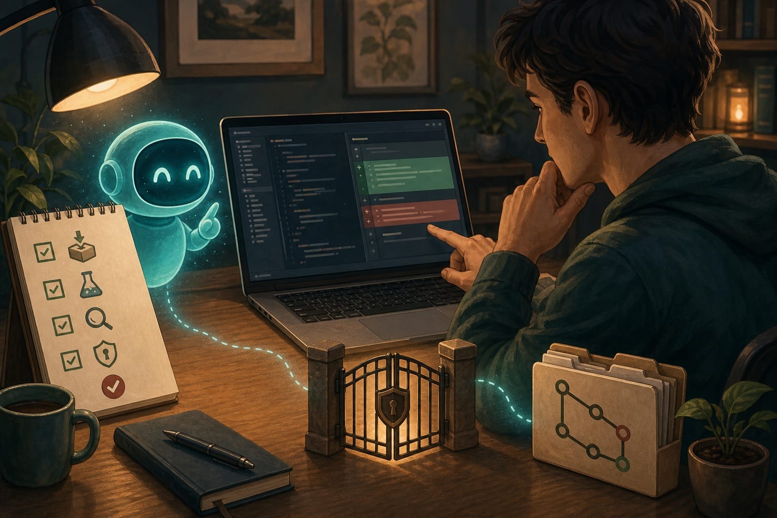ภาพประกอบ: AI coding assistant กำลังทำตาม checklist ก่อนแก้ repository โดยมี human review และ safety gate