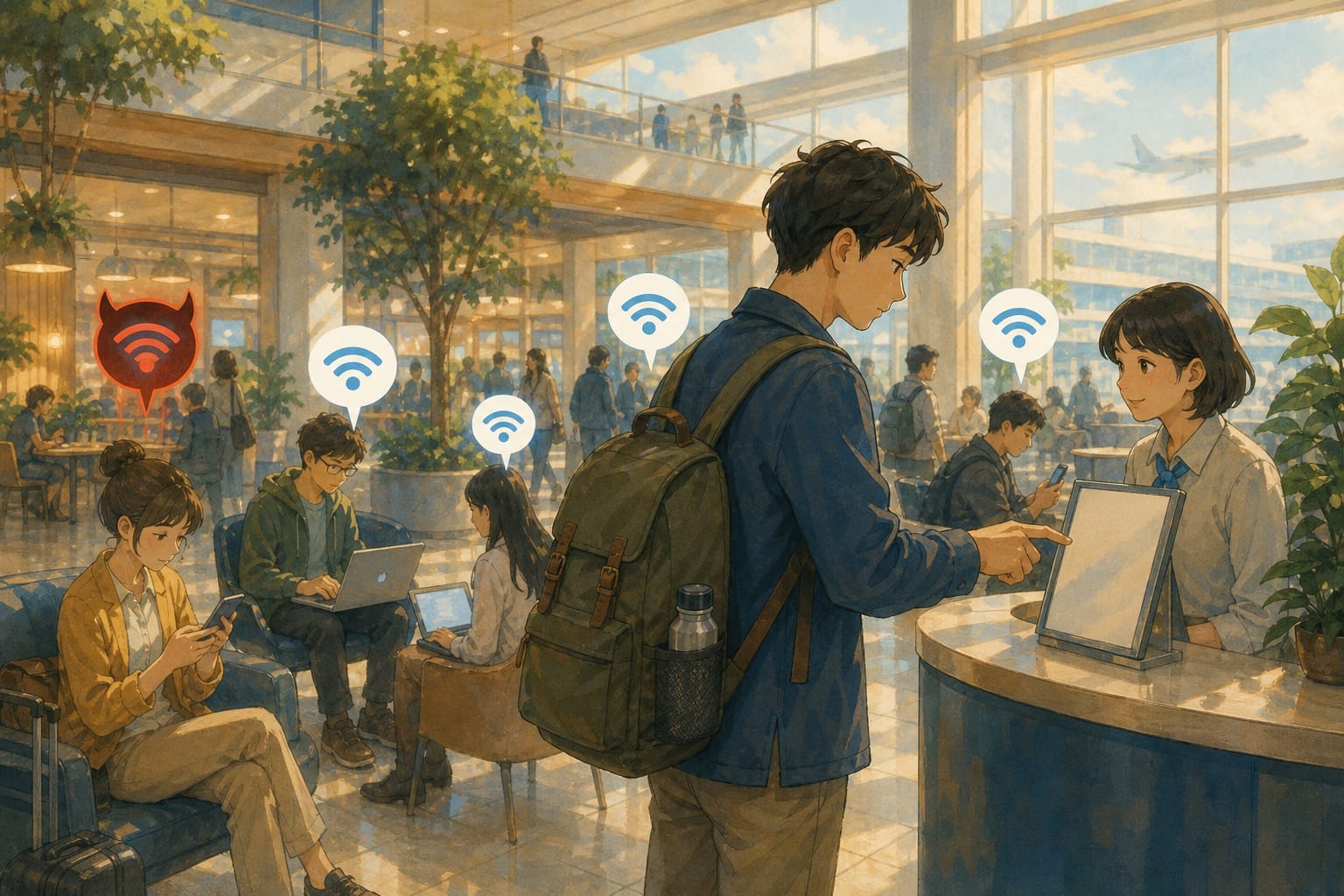 ภาพประกอบ: นักเดินทางในพื้นที่สาธารณะกำลังตรวจสอบชื่อ Wi-Fi ก่อนเชื่อมต่อเพื่อเลี่ยงเครือข่ายปลอม