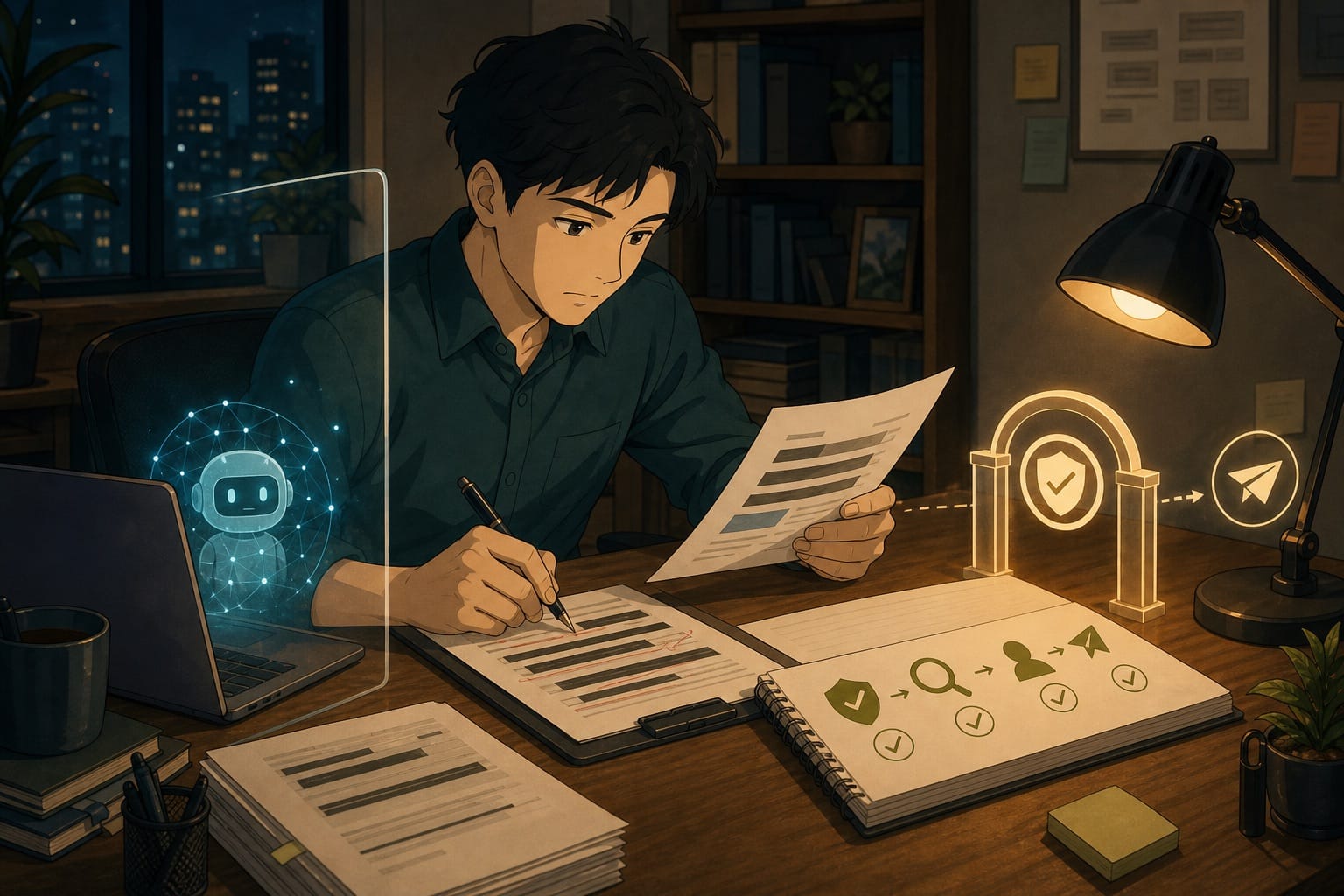 ภาพประกอบ: consultant ตรวจ draft ที่ AI ช่วยร่างผ่าน human review gate ก่อนส่งออก