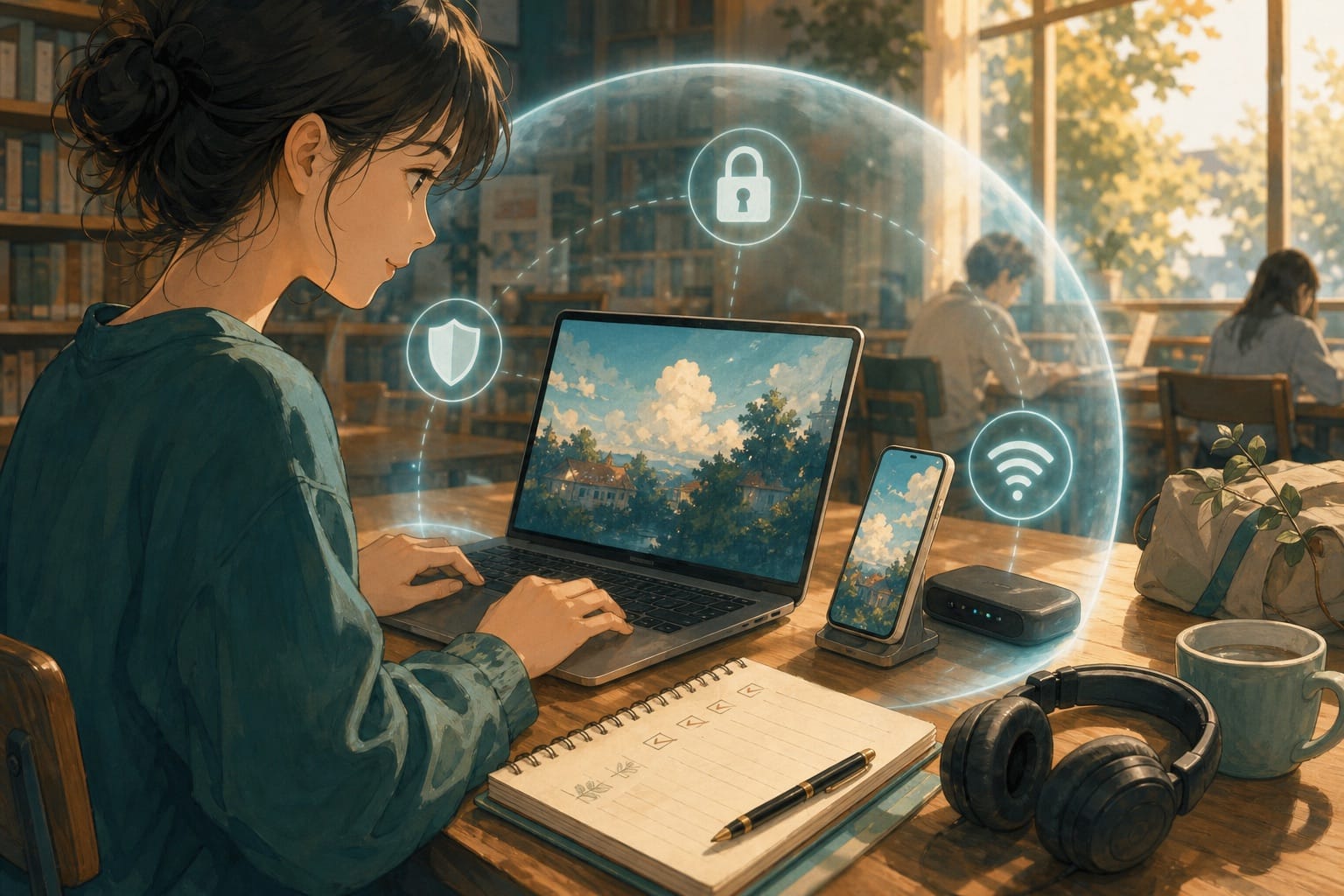 ภาพประกอบ: laptop และ smartphone บนโต๊ะทำงานมีชั้นป้องกันเชิงสัญลักษณ์จาก HTTPS, VPN และ hotspot
