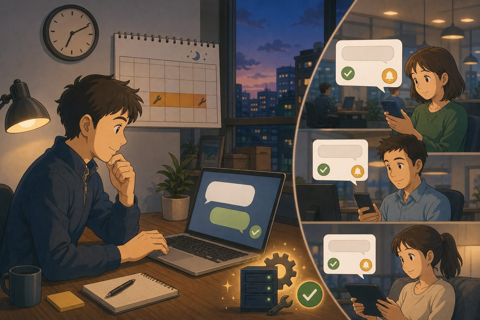 ภาพประกอบ: IT owner แจ้ง maintenance window ให้ผู้ใช้ด้วยข้อความที่เข้าใจง่าย มีปฏิทิน นาฬิกา และสัญญาณระบบปกติ