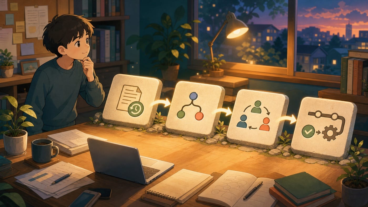 ภาพประกอบ: เส้นทางการเรียน Git จากการเก็บประวัติไฟล์ ไปสู่ branch workflow และ automation แบบค่อยเป็นค่อยไป