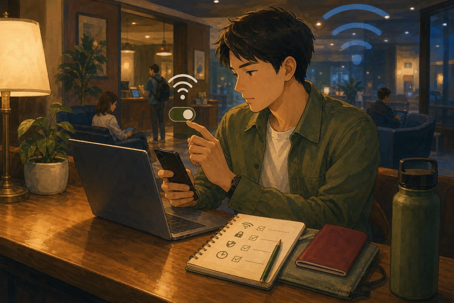 ภาพประกอบ: นักเดินทางตรวจ checklist ความปลอดภัยบน laptop และมือถือก่อนใช้ Wi-Fi สาธารณะ