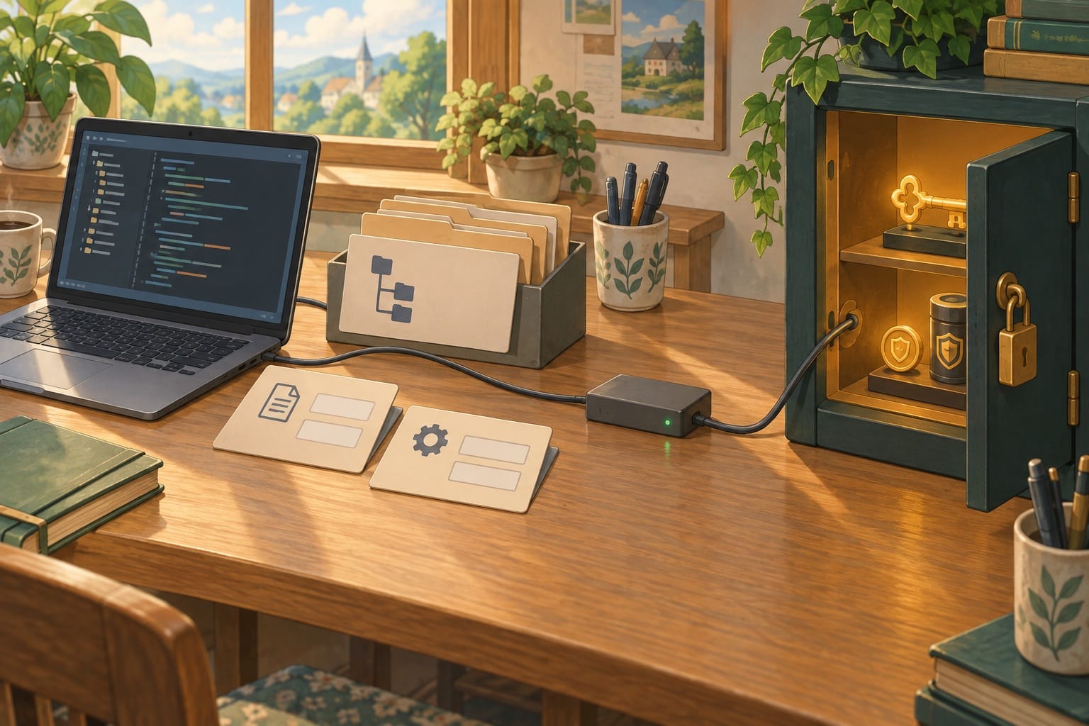 ภาพประกอบ: โต๊ะทำงานมี source code และไฟล์ config ตัวอย่างอยู่ฝั่งหนึ่ง ส่วน credential จริงถูกเก็บแยกในตู้ล็อก