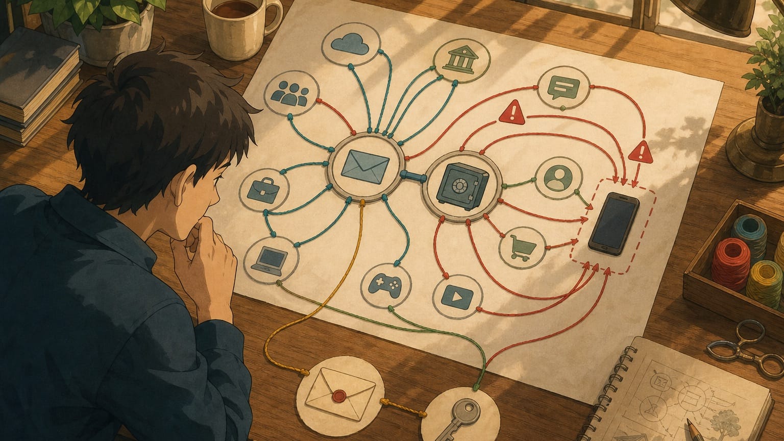 ภาพประกอบ: แผนที่บัญชีแสดง email และ password manager เป็นศูนย์กลาง พร้อมเส้นทางที่วนกลับไปยังโทรศัพท์เครื่องเดียว
