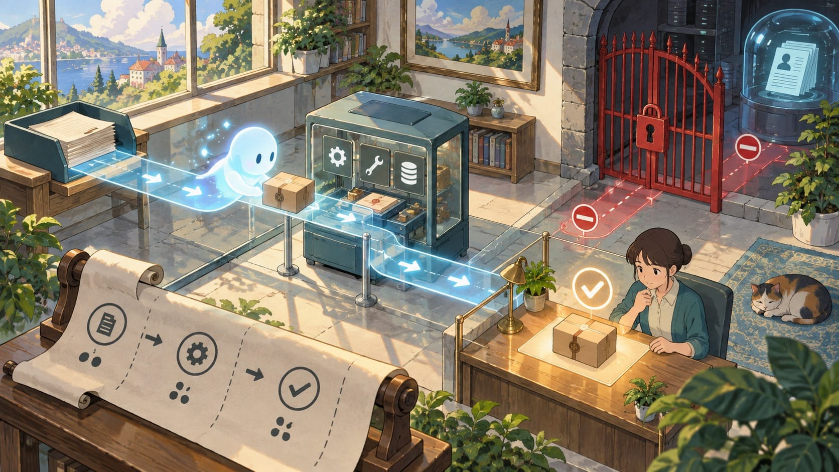 ภาพประกอบ: AI agent กำลังทำงานผ่านเส้นทางที่มีข้อมูลภายนอก สิทธิ์จำกัด จุดอนุมัติโดยคน และบันทึกการทำงานที่มองเห็นได้
