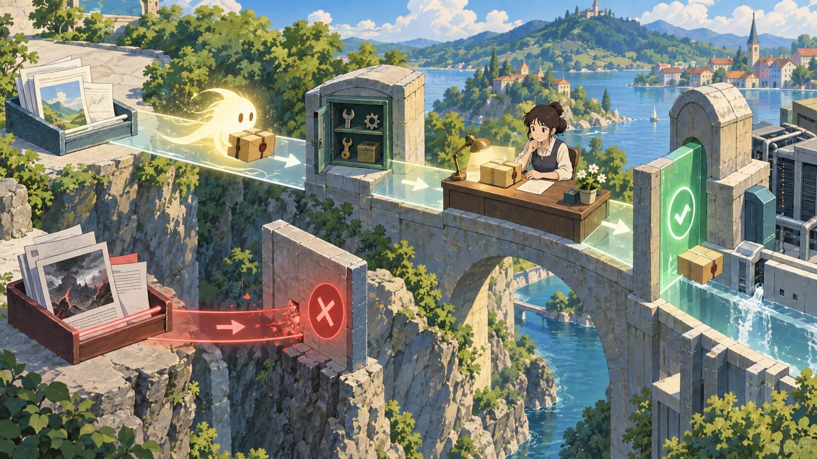 ภาพประกอบ: AI agent ส่งกล่องงานผ่านเส้นทางที่มีข้อมูลจากภายนอก เครื่องมือจำกัด และจุดอนุมัติโดยคนก่อนถึงระบบจริง