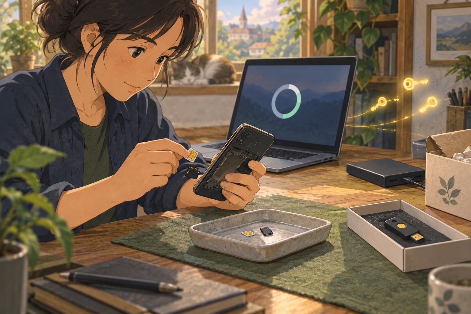 ภาพประกอบ: ผู้ดูแลถอด SIM และ memory card ขณะ laptop ทำกระบวนการ erase และแยก security key ไว้ต่างหาก