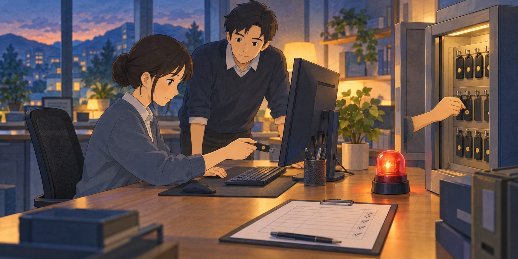 ผู้ดูแลทดสอบกุญแจสำรองกับเครื่องที่เตรียมไว้และตรวจสัญญาณแจ้งเตือน