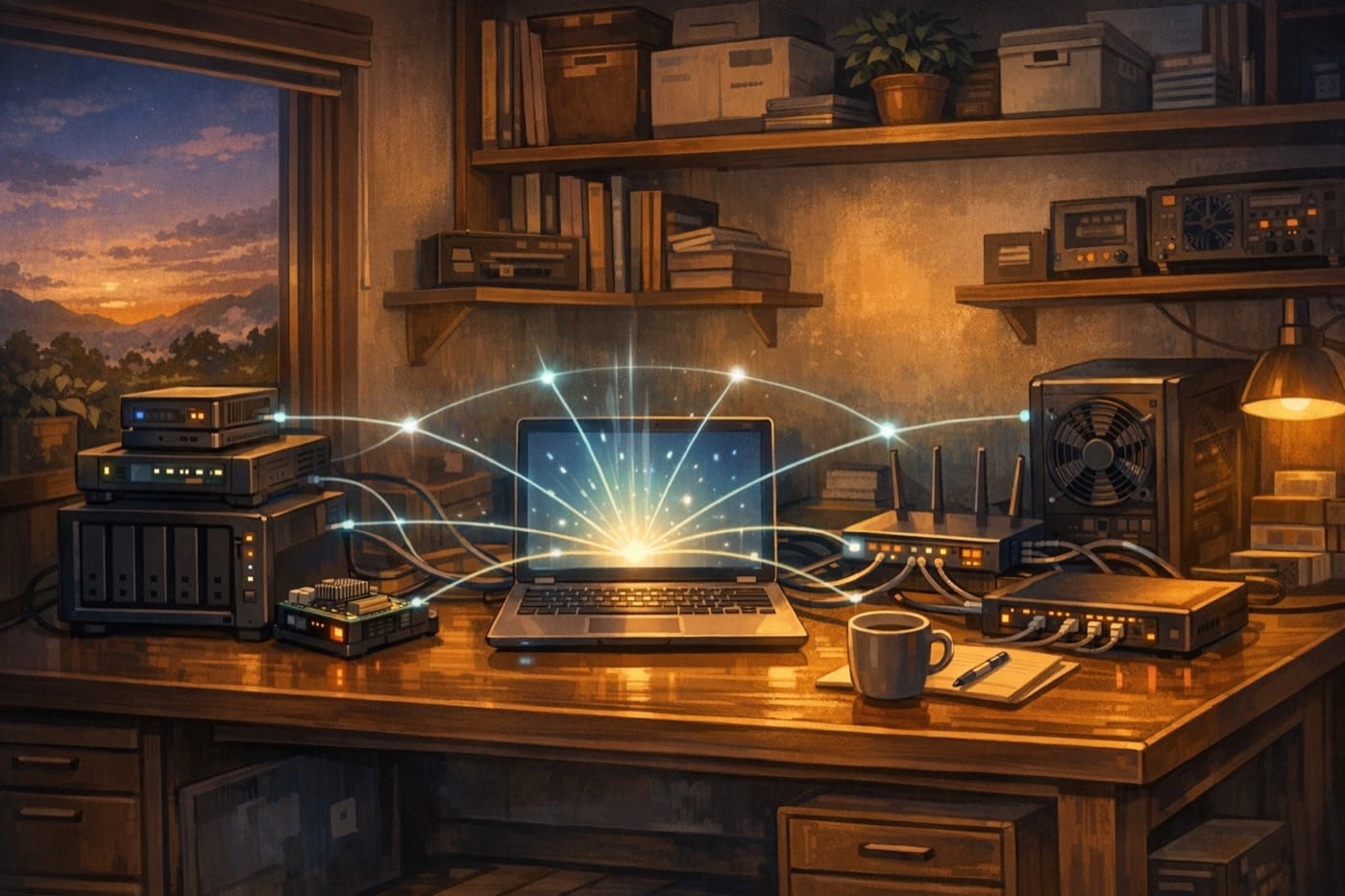ภาพประกอบแนว editorial ของ homelab ที่เชื่อมหลายอุปกรณ์ผ่านโหนดควบคุมกลางแบบ Zero Trust