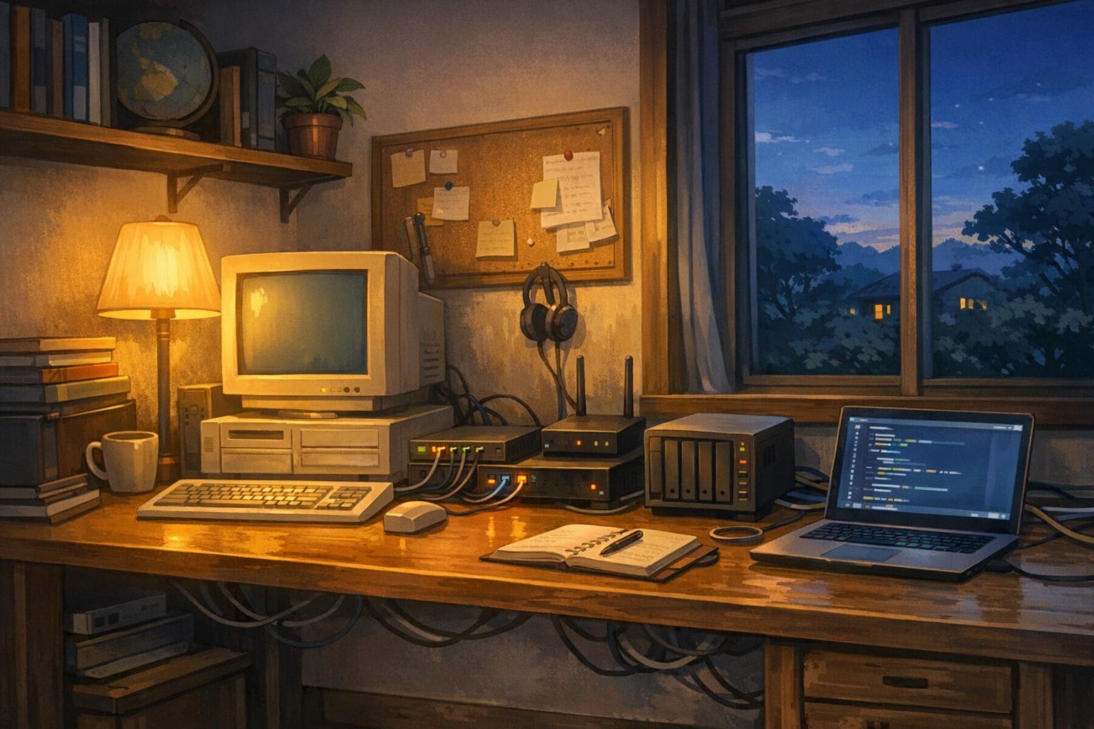 ภาพประกอบห้องทำงานขนาดเล็กที่มีคอมพิวเตอร์เก่า NAS mini PC และอุปกรณ์เครือข่ายสำหรับเริ่มทำ homelab