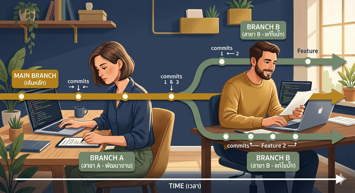 สอนใช้ Git ตอนที่ 2: Branching Out, Collaborate Without Chaos