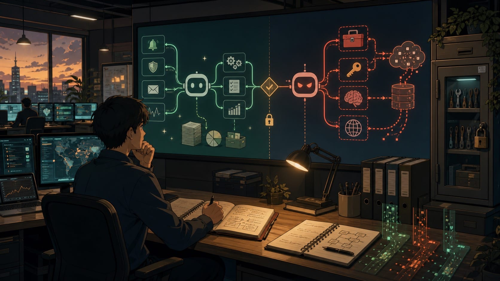 ภาพประกอบศูนย์ปฏิบัติการ security ที่ใช้ AI agent ช่วยงาน พร้อมขอบเขตสิทธิ์และจุดควบคุมความเสี่ยงรอบ workflow