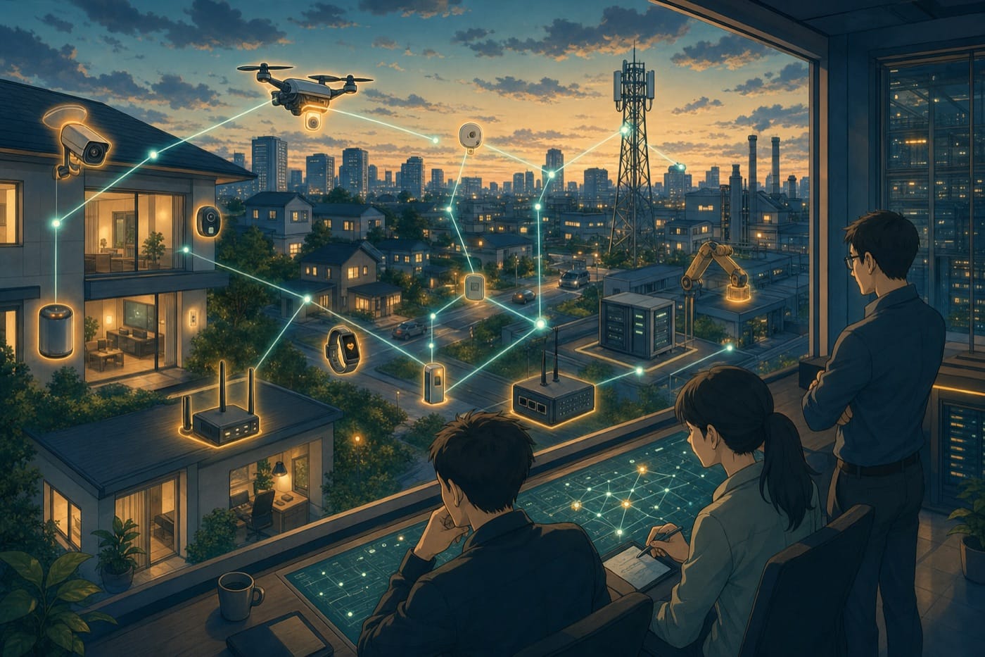 ภาพประกอบเมืองและบ้านอัจฉริยะที่มีอุปกรณ์ IoT, 5G, edge server และทีม security เฝ้าดูเส้นทางข้อมูล