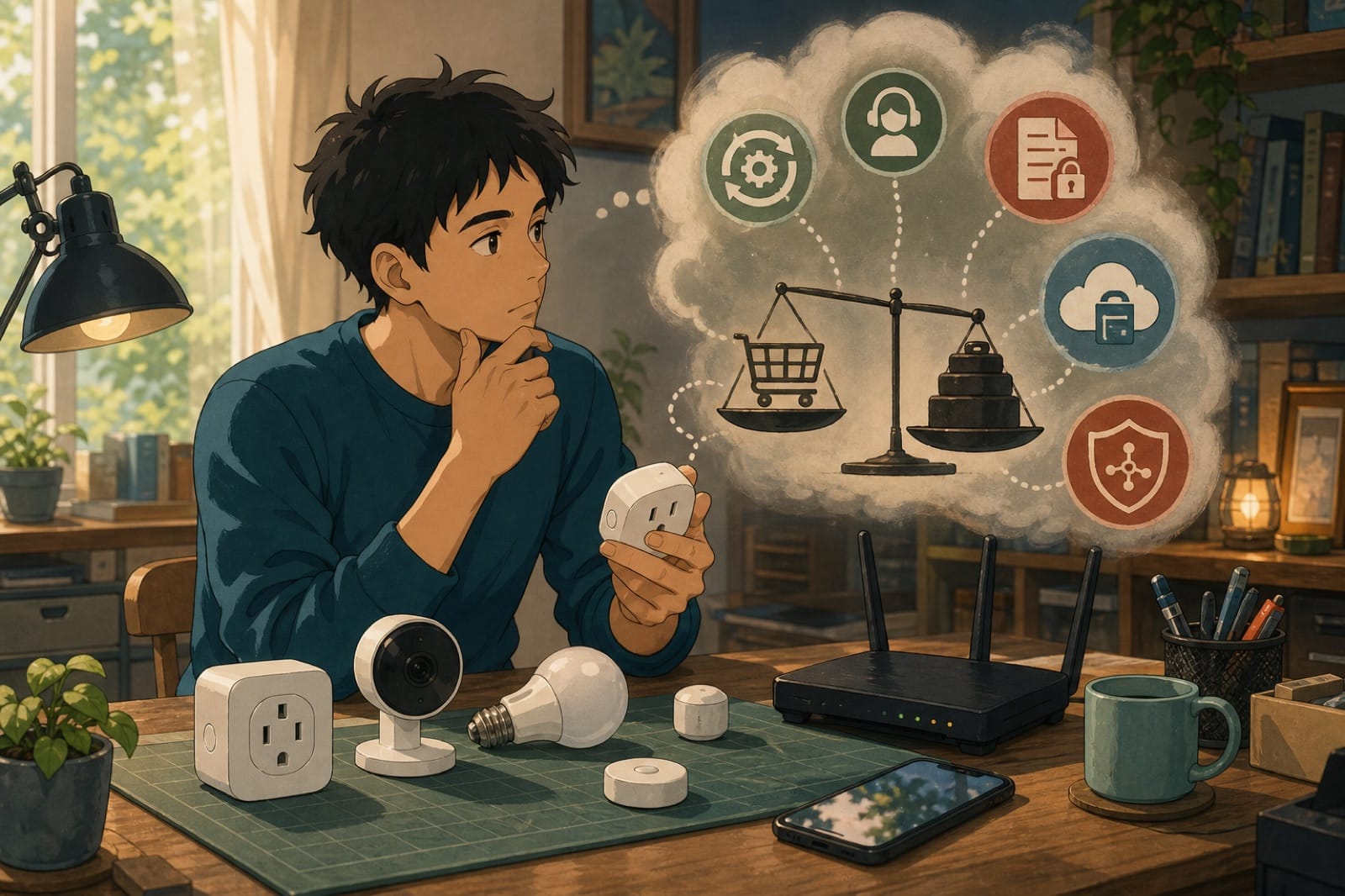 ภาพประกอบโต๊ะทำงานที่มีอุปกรณ์ IoT ราคาถูกหลายชิ้น พร้อมสัญลักษณ์ต้นทุนแฝงเรื่อง firmware, privacy, cloud และ network risk