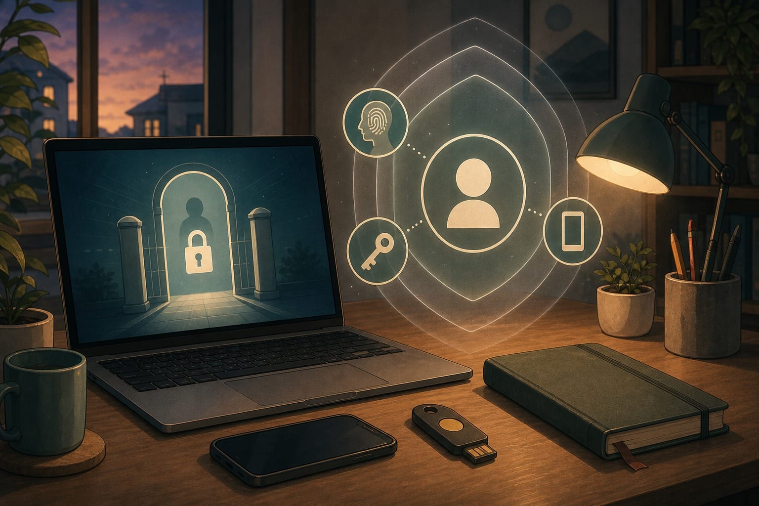 ภาพประกอบโต๊ะทำงานที่มีแล็ปท็อป โทรศัพท์ security key และชั้นป้องกันบัญชีเพื่ออธิบายแนวคิด Multi-Factor Authentication