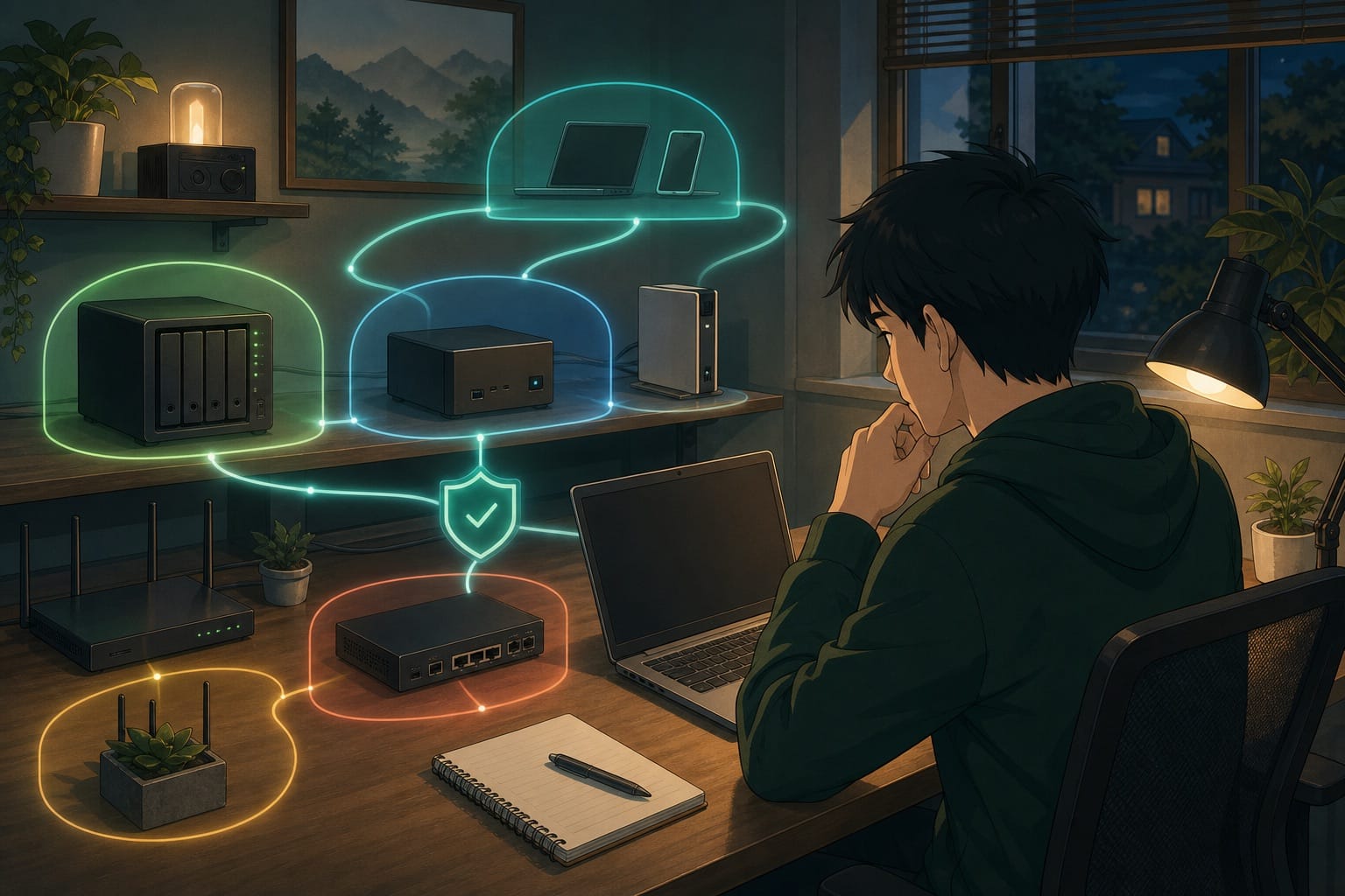 ภาพประกอบ homelab ในห้องทำงานที่แบ่ง network เป็นโซนและควบคุมการเข้าถึงแบบ Zero Trust อย่างพอดี