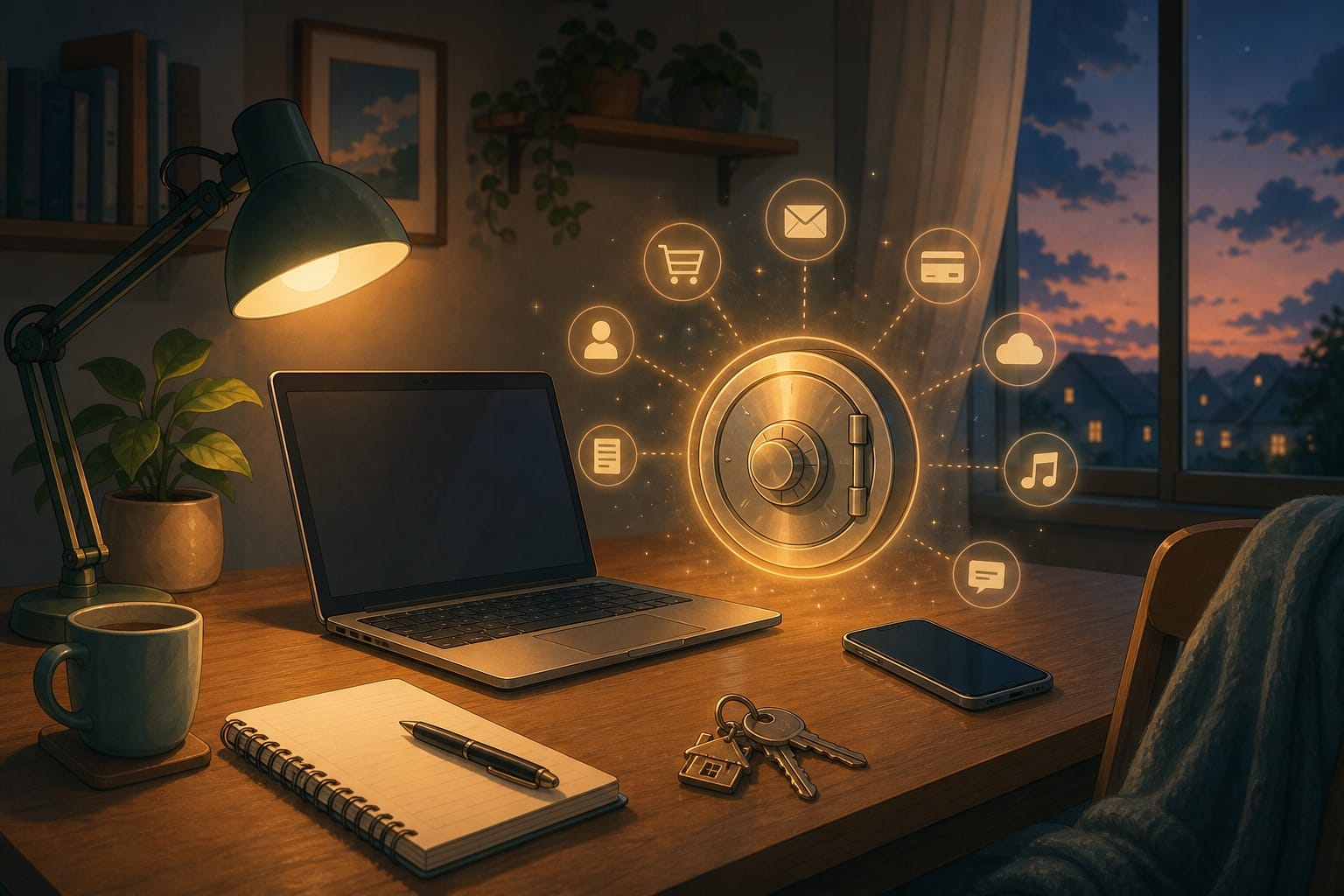 ภาพประกอบโต๊ะทำงานที่จัดบัญชีออนไลน์หลายบัญชีเข้ากับ password manager อย่างเป็นระบบ