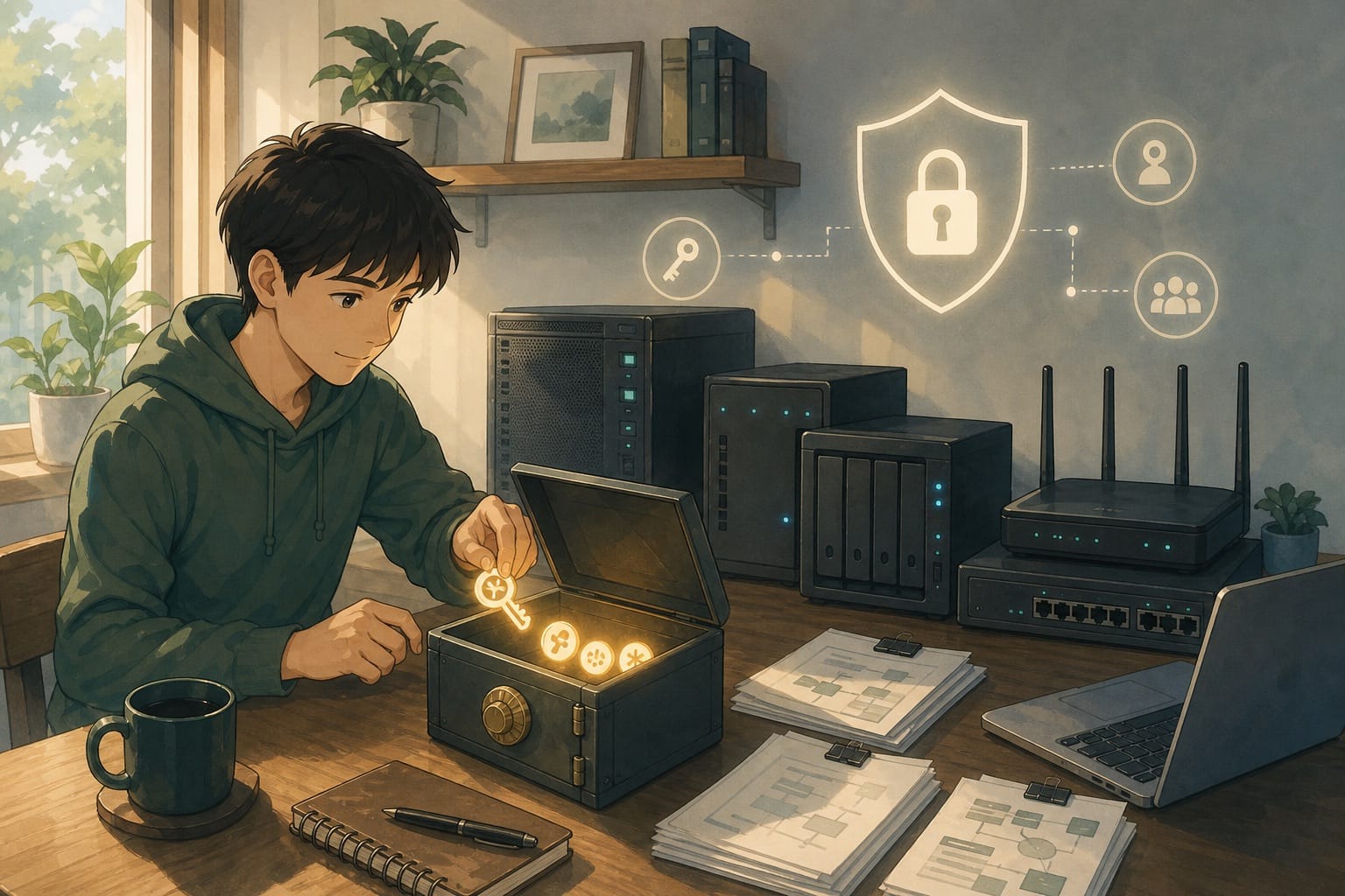 ภาพประกอบผู้ดูแล homelab กำลังแยกกุญแจและ token ออกจากไฟล์ config ไปเก็บในกล่องนิรภัย
