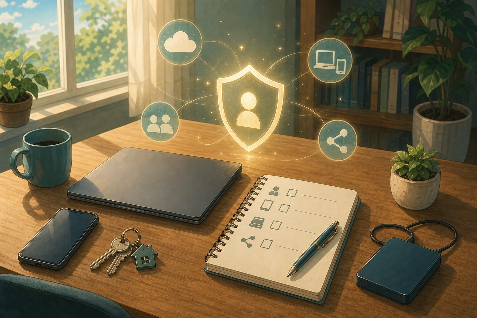 ภาพประกอบโต๊ะทำงานที่มีสมุด checklist โทรศัพท์ laptop และสัญลักษณ์ privacy shield สำหรับการตรวจสุขภาพความเป็นส่วนตัวประจำปี