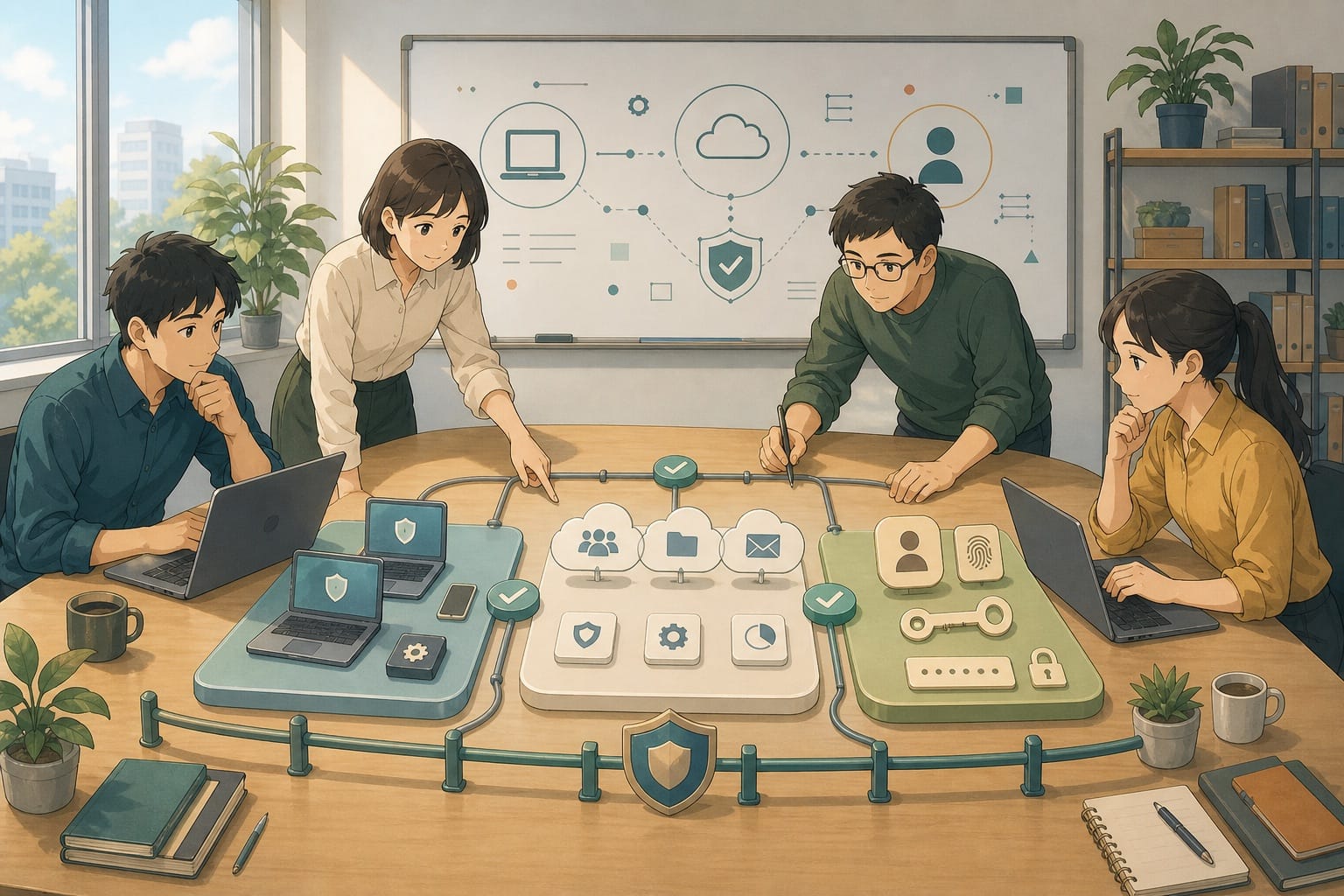 ภาพประกอบทีมเล็กกำลังสร้าง security baseline สำหรับ endpoint, SaaS และ account