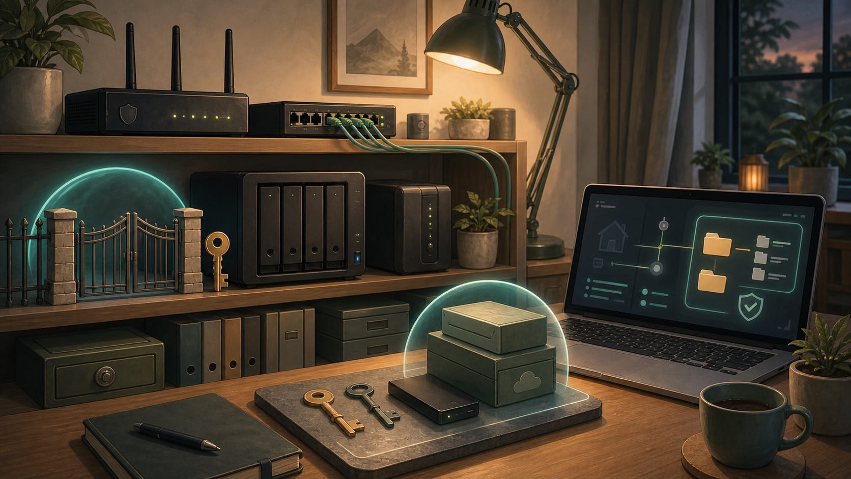 ภาพประกอบ NAS ที่บ้านพร้อมชั้นป้องกัน บัญชีผู้ใช้ backup และ remote access ที่ถูกควบคุม