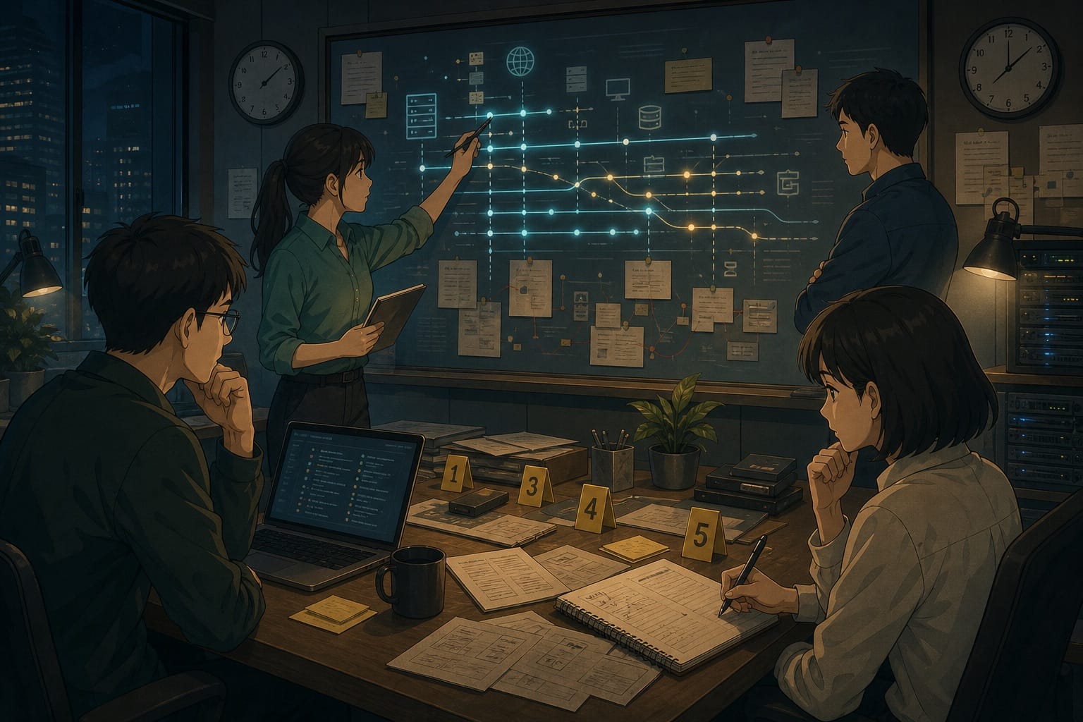 ภาพประกอบทีม incident response กำลังเรียงเหตุการณ์จาก log เป็น timeline
